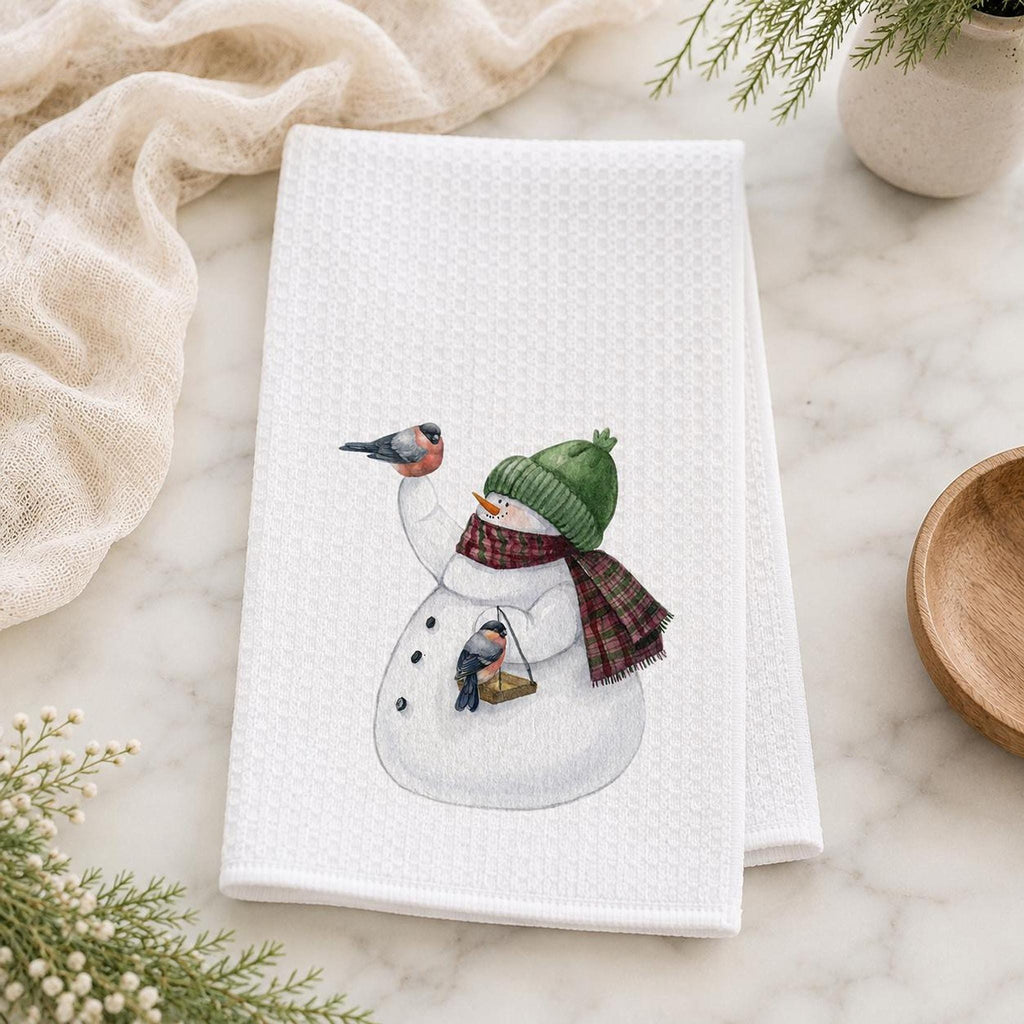 Snowman Kitchen Towel, Winter Bird Decor, Waffle Weave Dish Towel, Christmas Accent