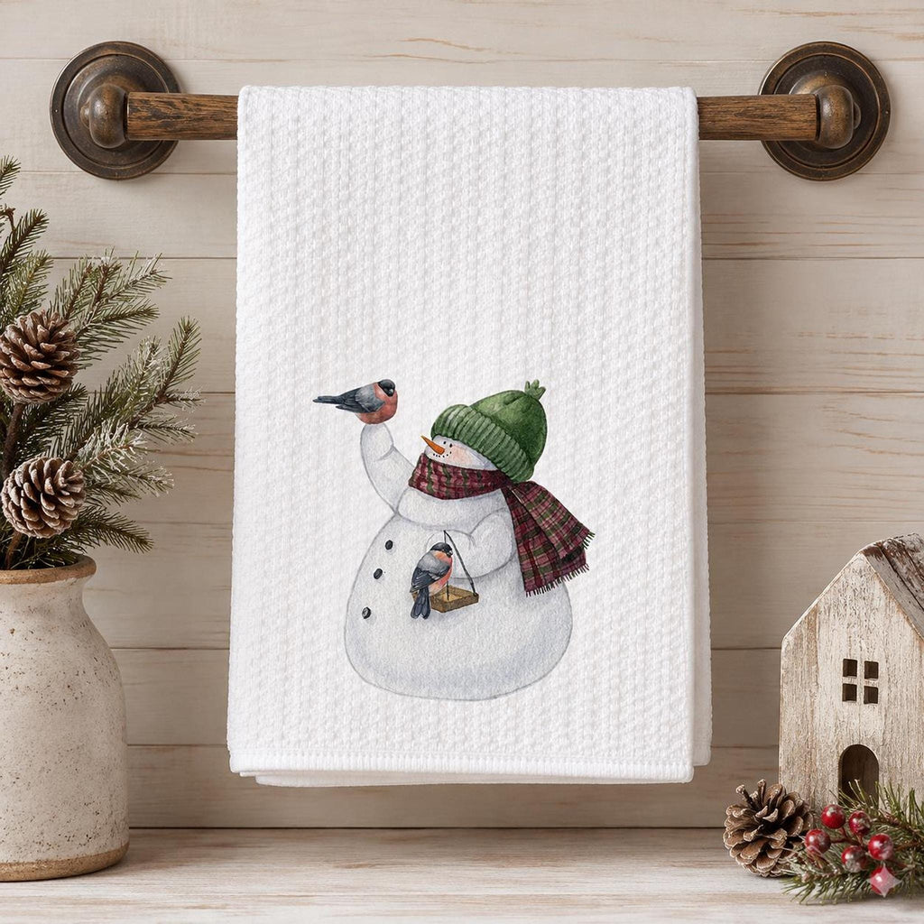 Snowman Kitchen Towel, Winter Bird Decor, Waffle Weave Dish Towel, Christmas Accent