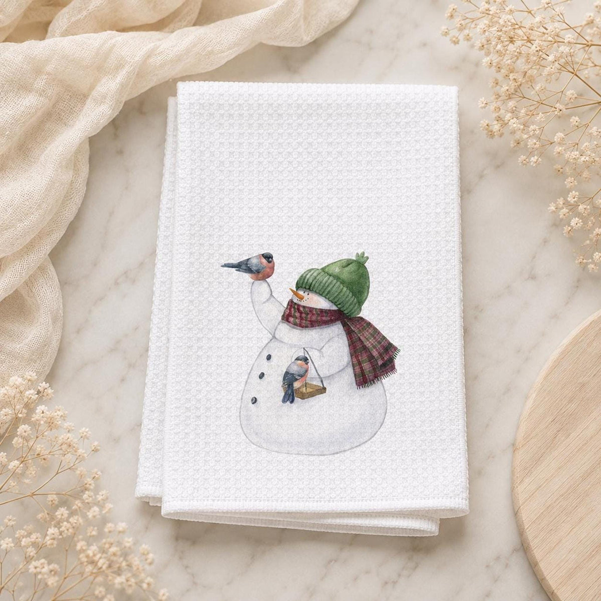Snowman Kitchen Towel, Winter Bird Decor, Waffle Weave Dish Towel, Christmas Accent