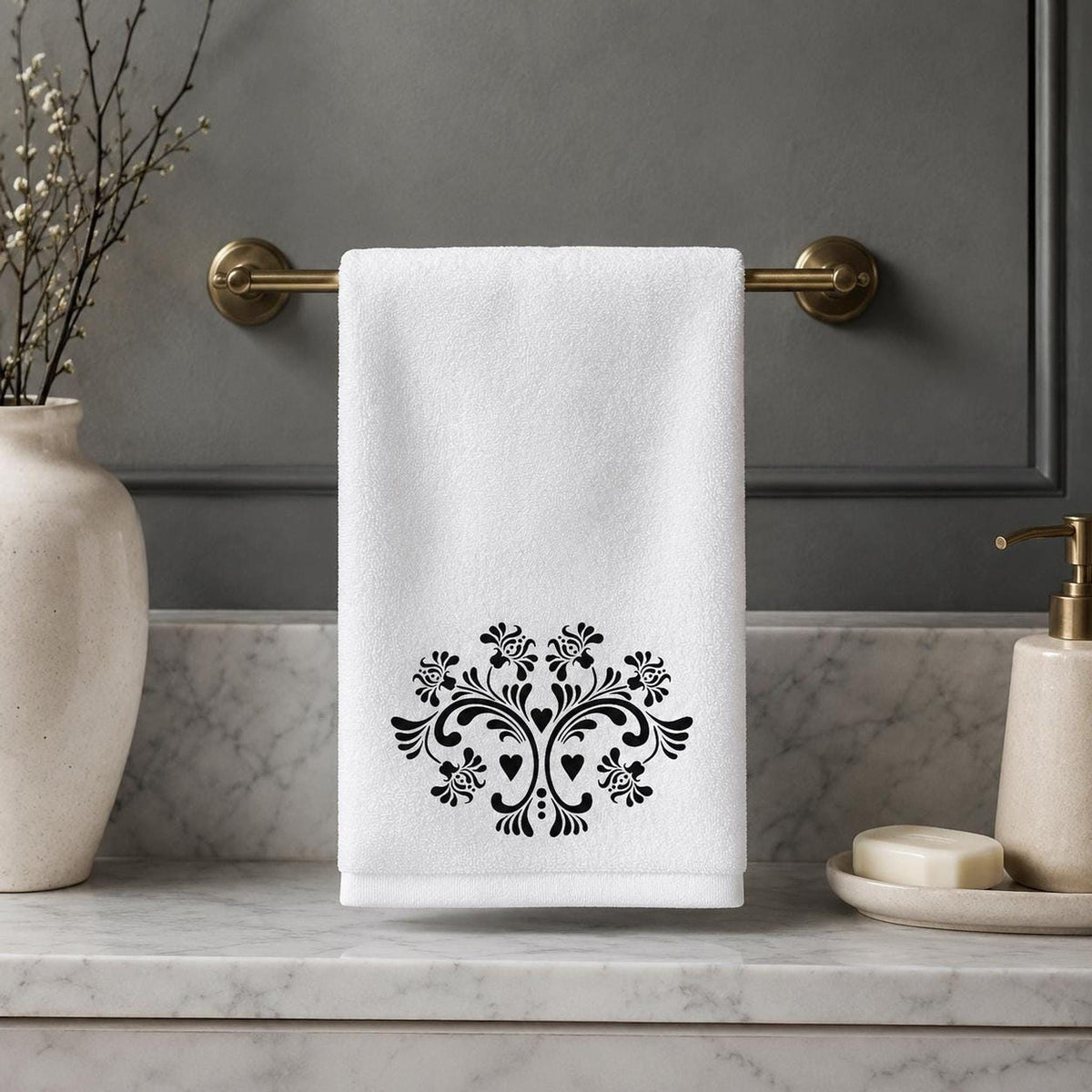 Fingertip Towel, Black Floral Print on White, 11 x 18 Inch