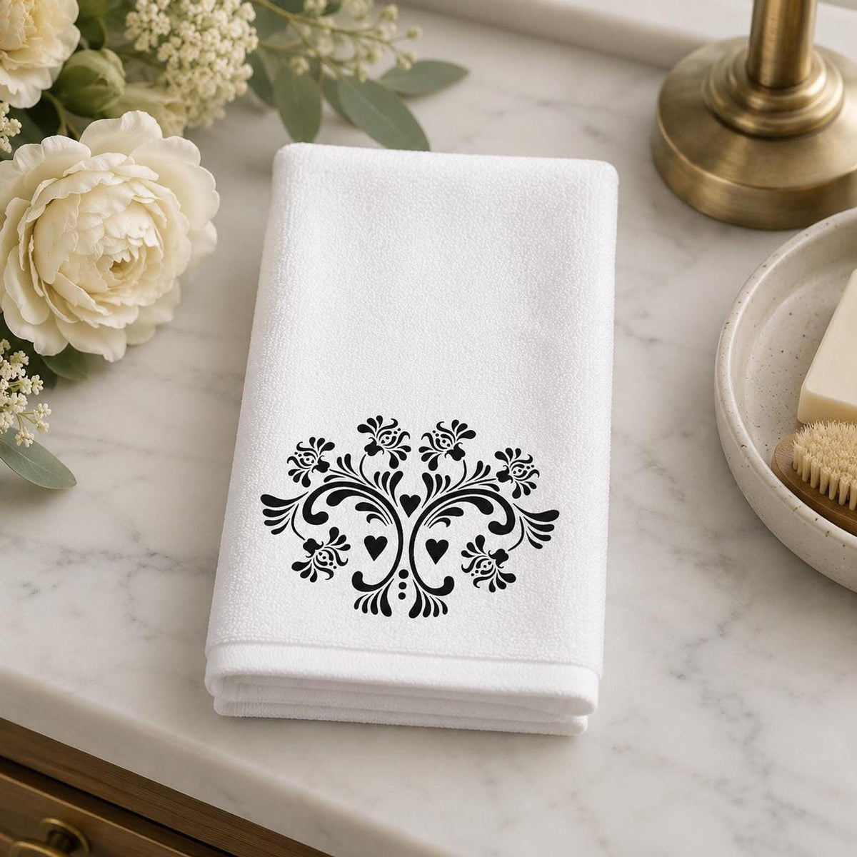 Fingertip Towel, Black Floral Print on White, 11 x 18 Inch