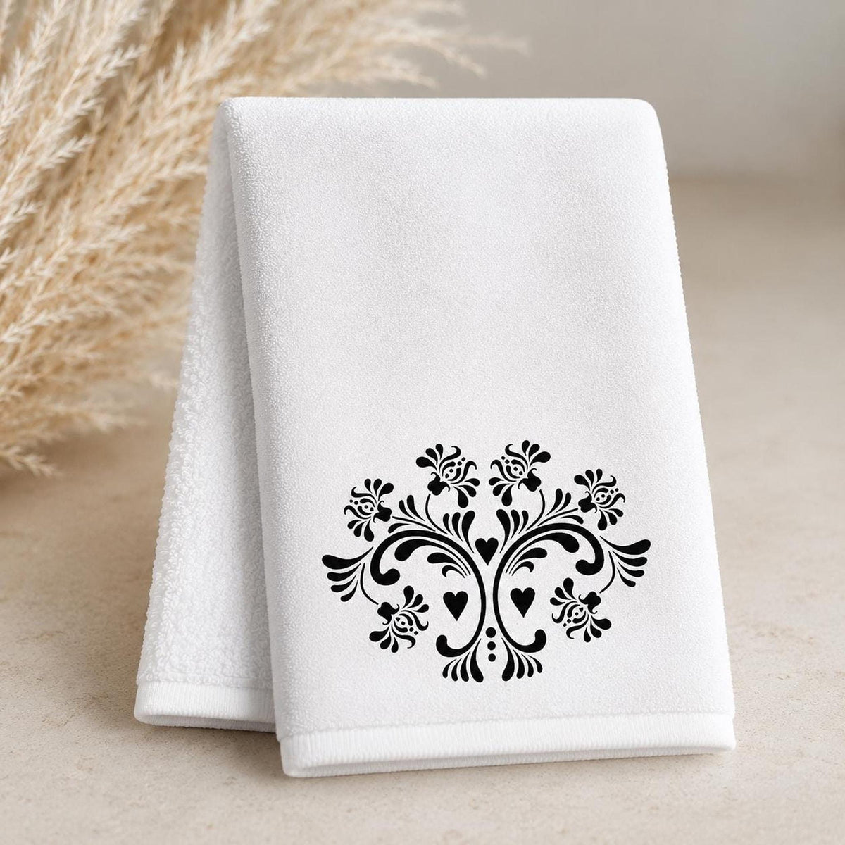 Fingertip Towel, Black Floral Print on White, 11 x 18 Inch