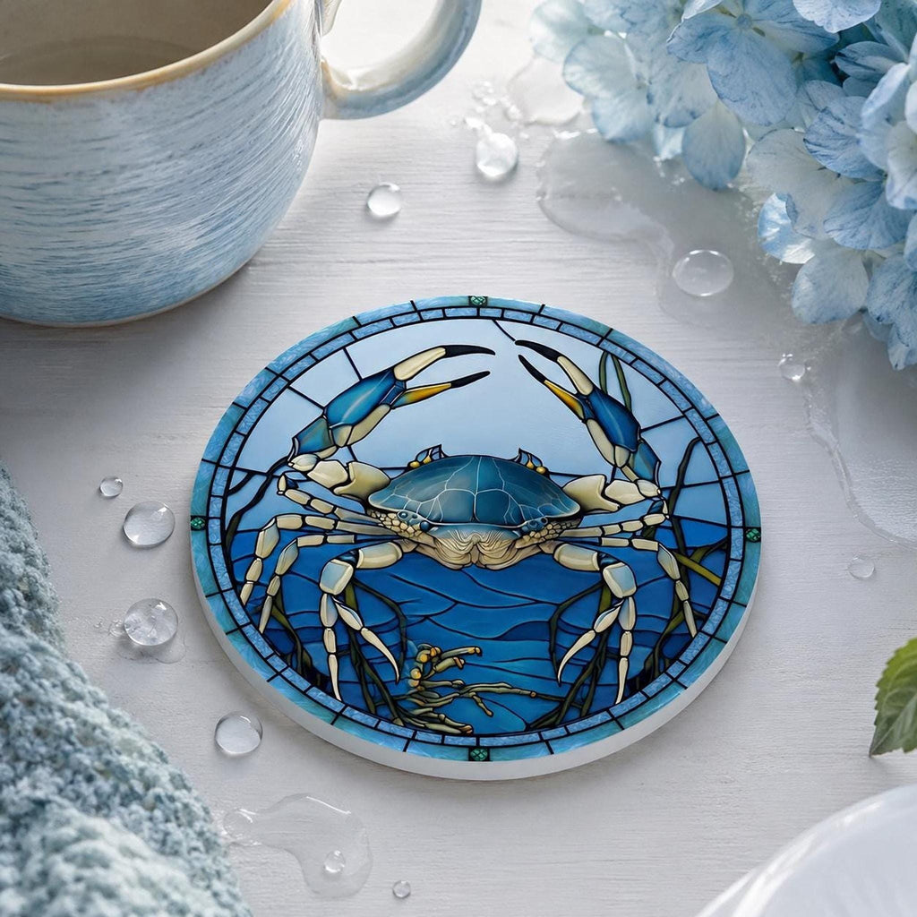 Blue Crab Coaster, Round Ceramic Surface with Glossy or Matte Finish