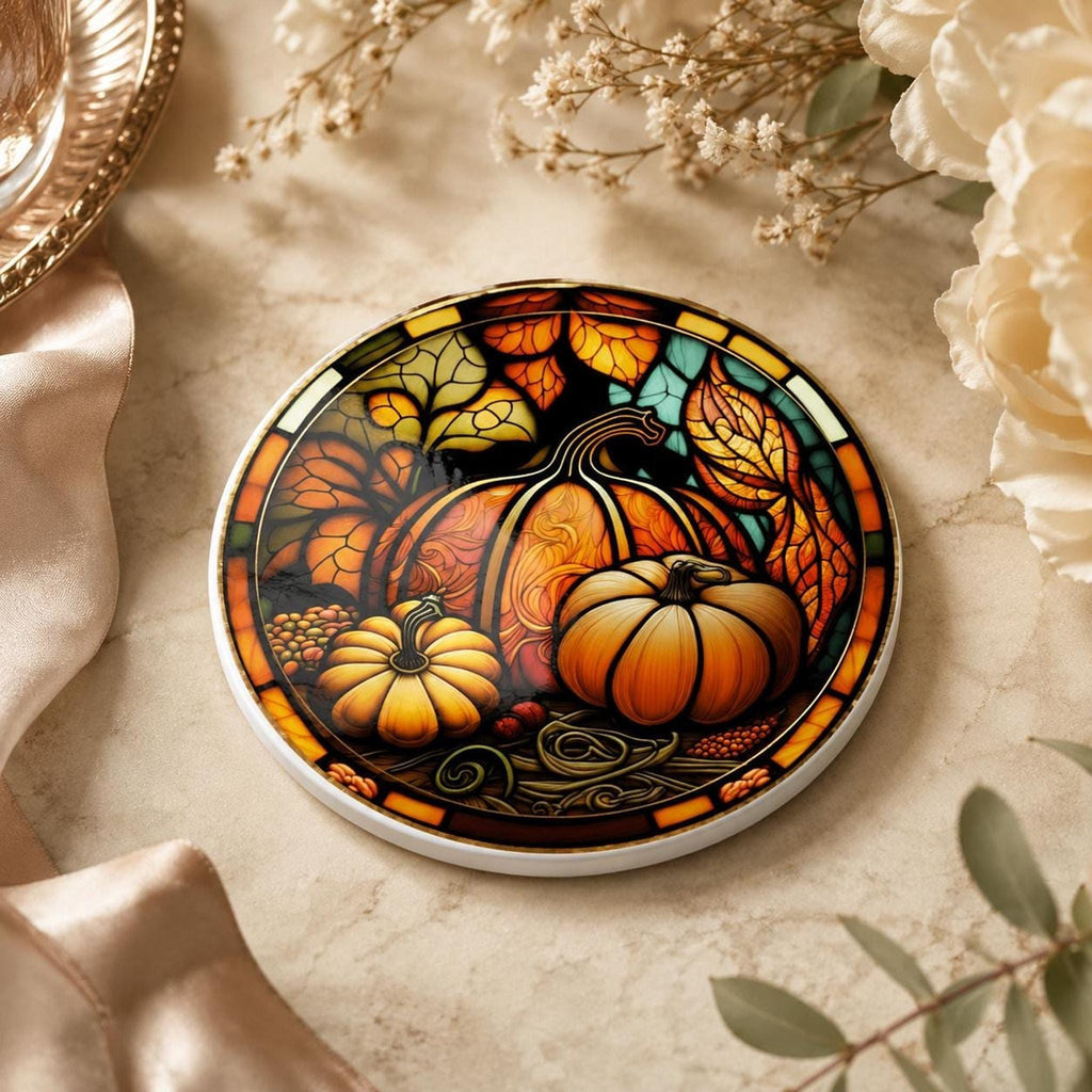 Thanksgiving Table Ceramic Coaster, Pumpkin Harvest Drink Mat