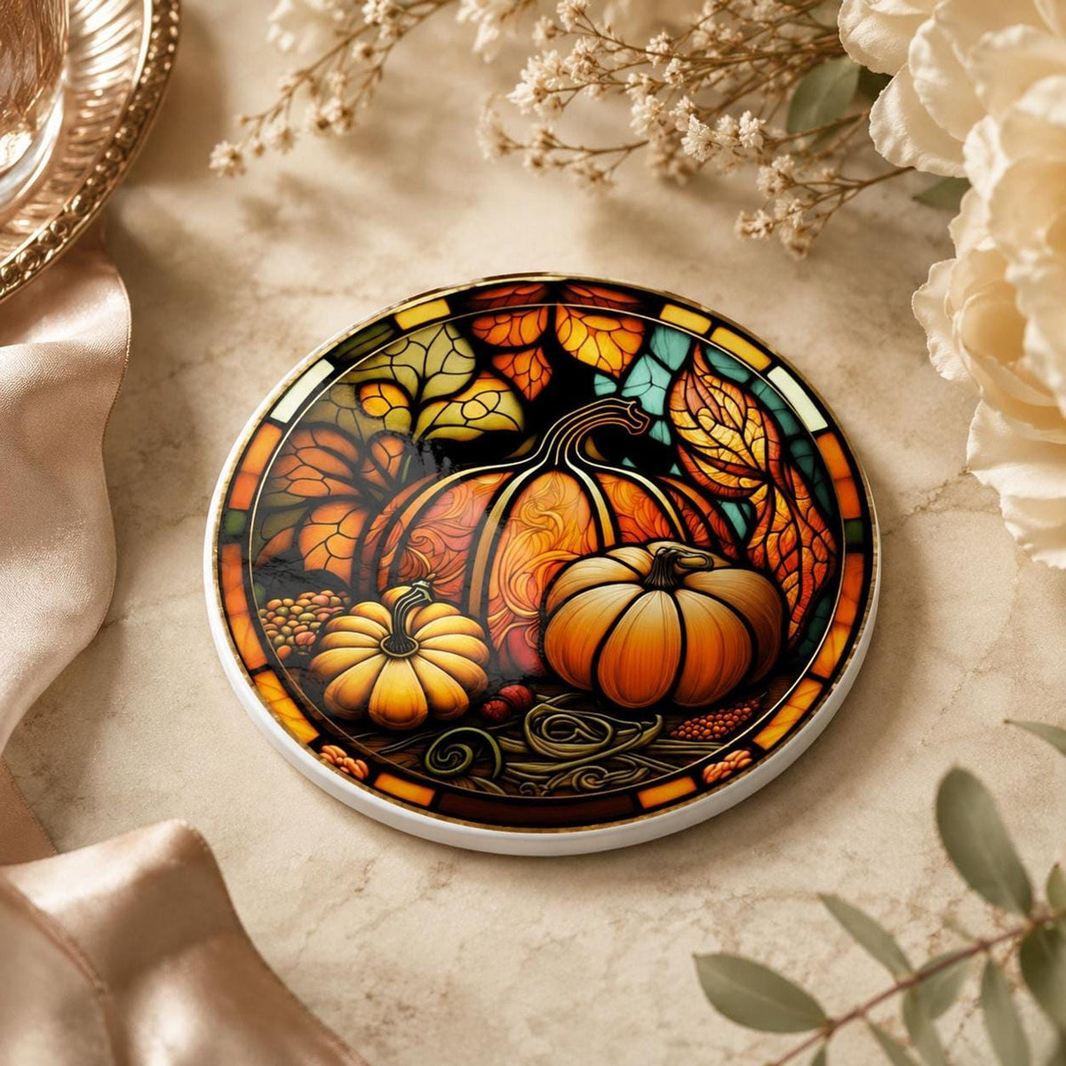 Thanksgiving Table Ceramic Coaster, Pumpkin Harvest Drink Mat