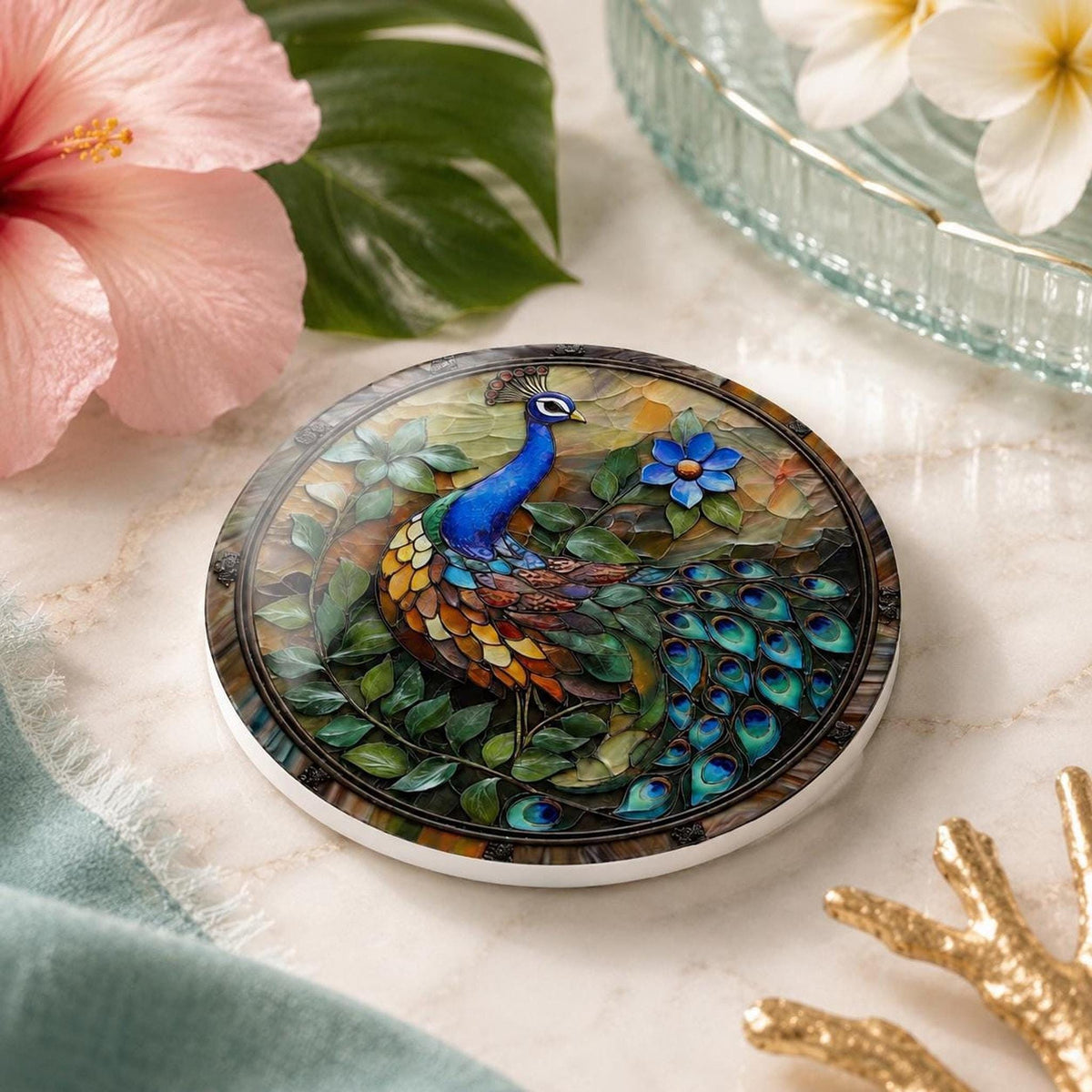 Peacock Ceramic Coaster, Colorful Bird Decor, Tropical Floral Accent, Nature Lover Gift