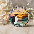 Sunset Table Decor, Penguin Ceramic Coaster with Mosaic Ocean Art