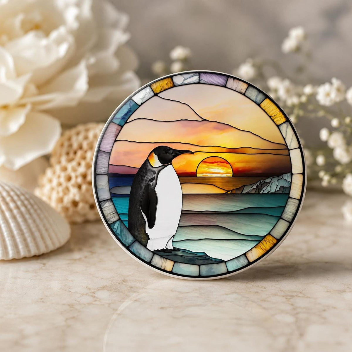 Sunset Table Decor, Penguin Ceramic Coaster with Mosaic Ocean Art