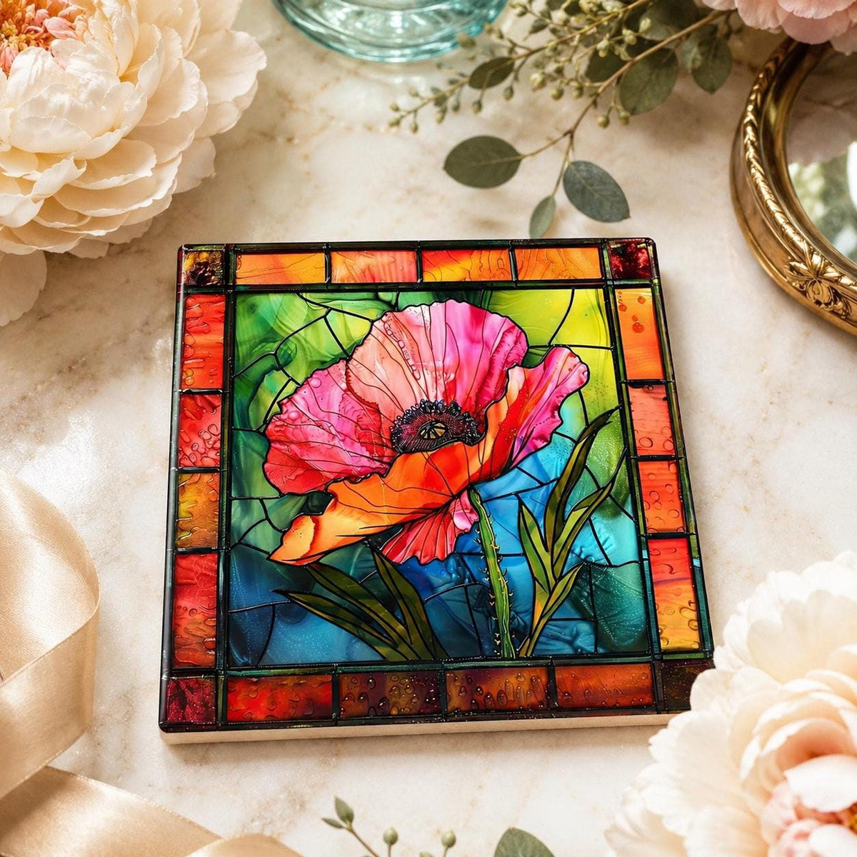 Poppy Flower Gift Ceramic Coaster, 4.25-Inch Stained-Glass Style Decor