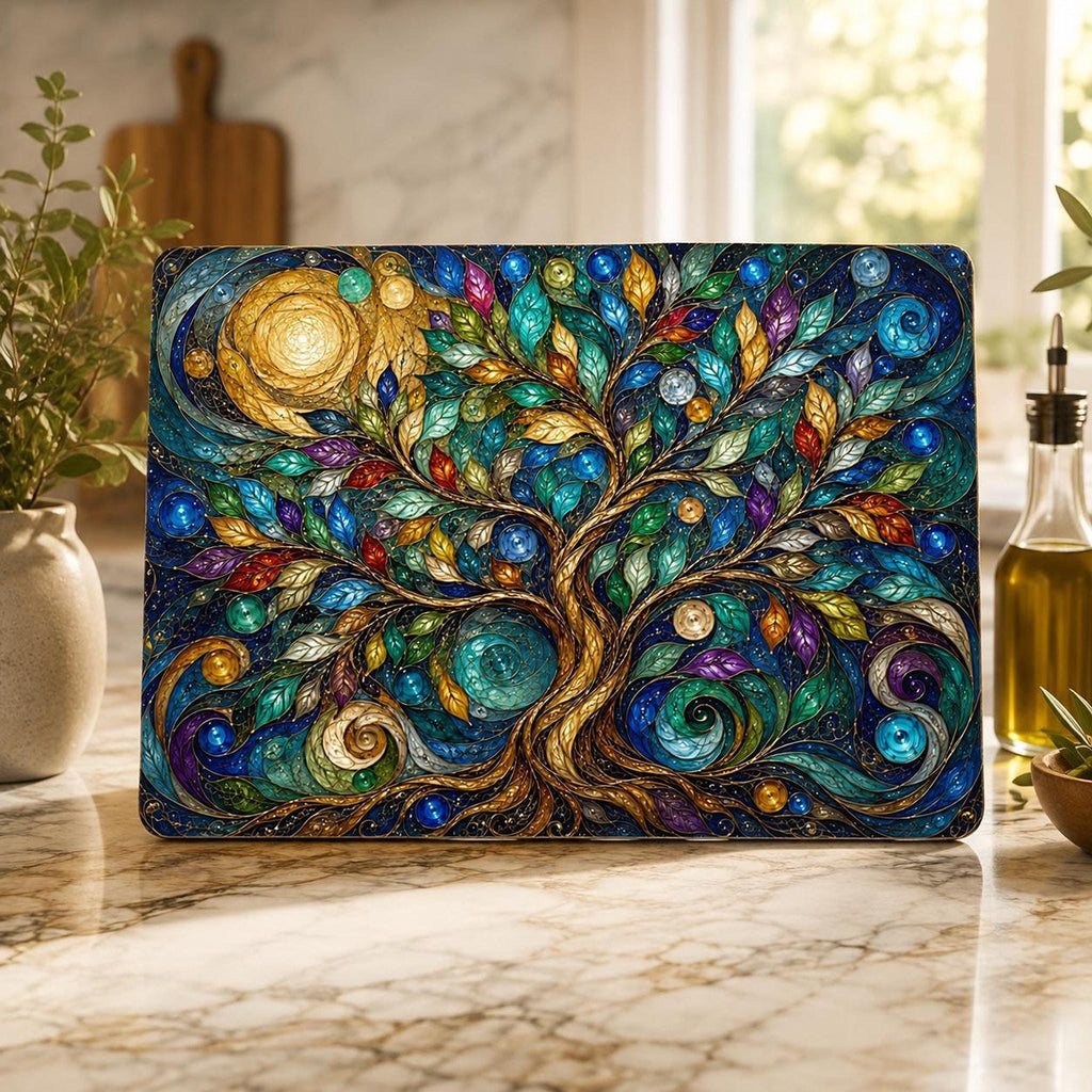 Charcuterie Tray, Tempered Glass Tree Of Life Botanical Design