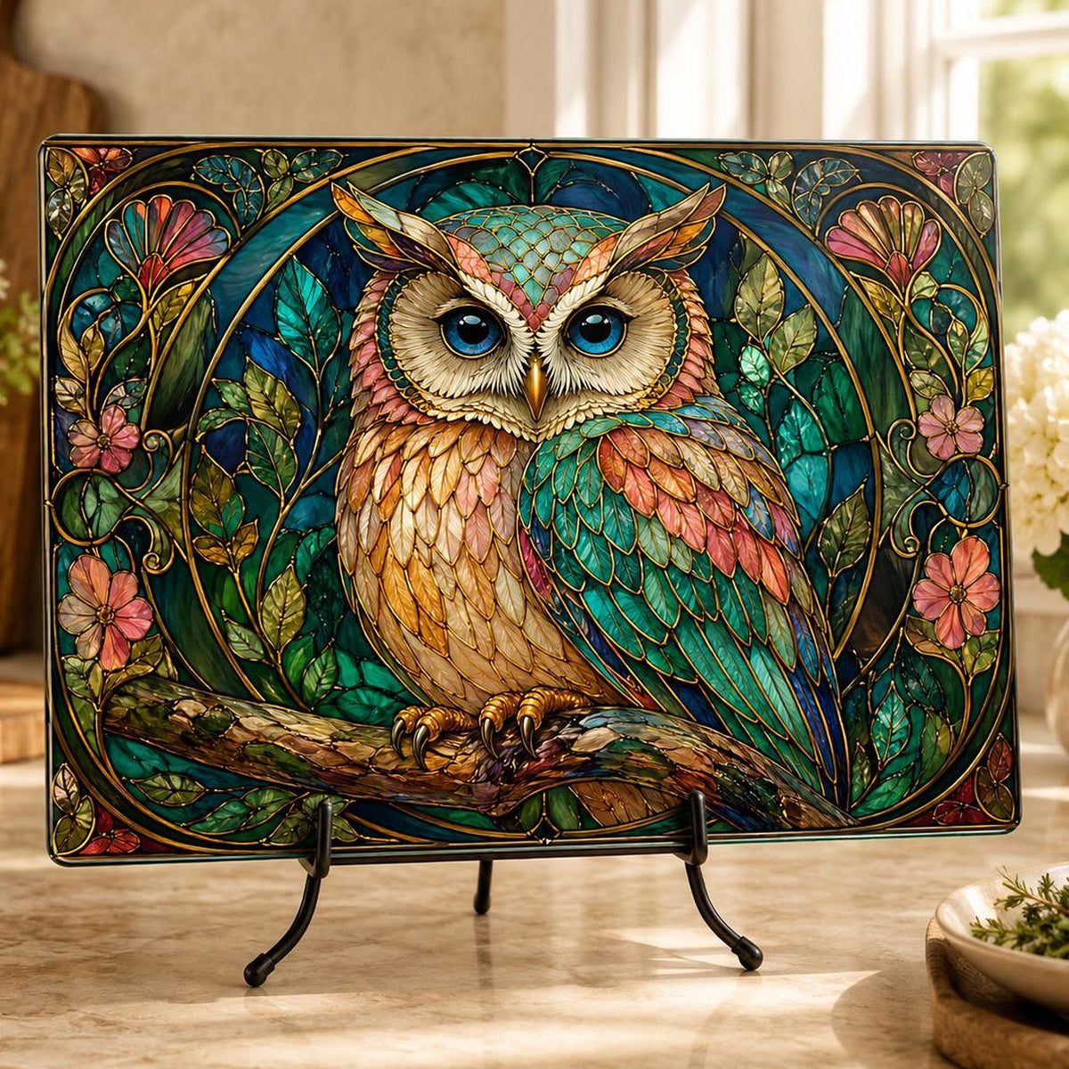 Owl Cutting Board, Stained Glass Inspired Charcuterie Tray