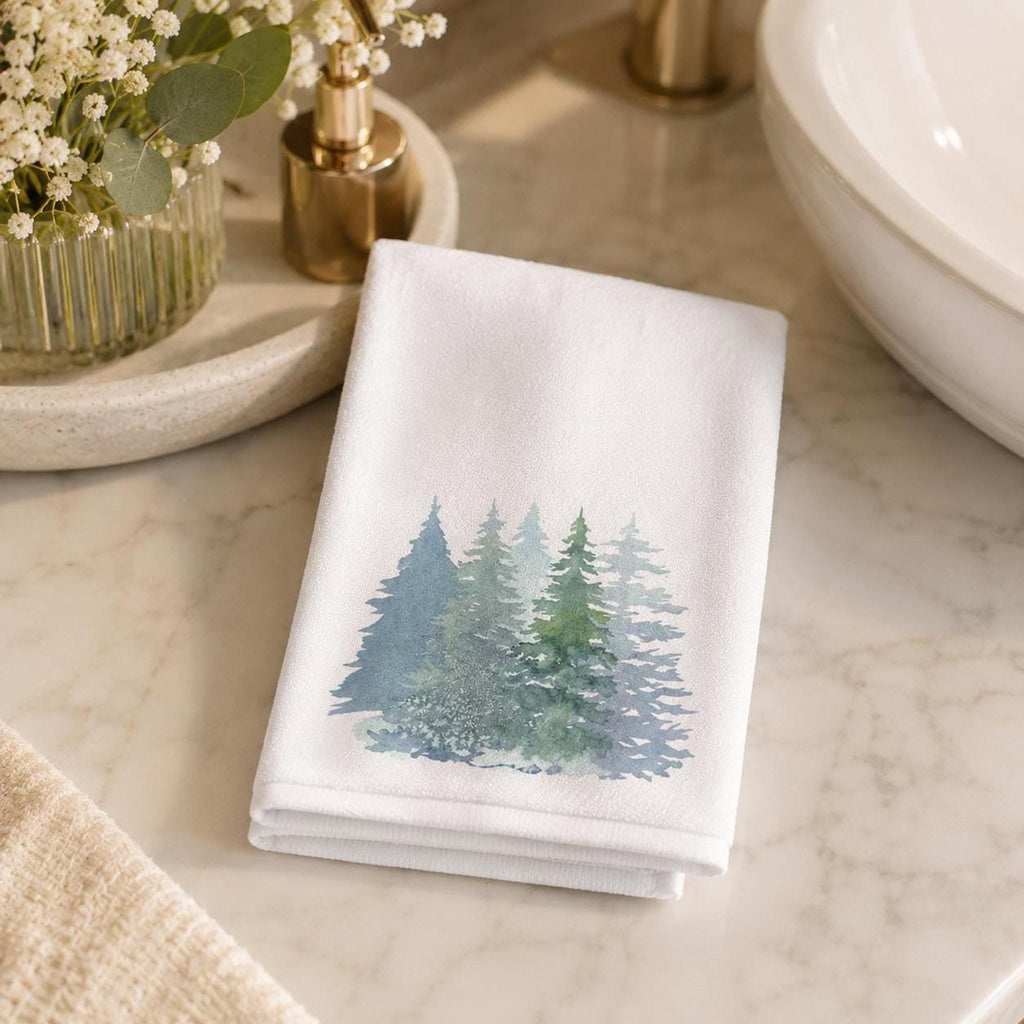 Fingertip Towel, Watercolor Pine Forest Design, 11 x 18 Inch Cotton Terry Back