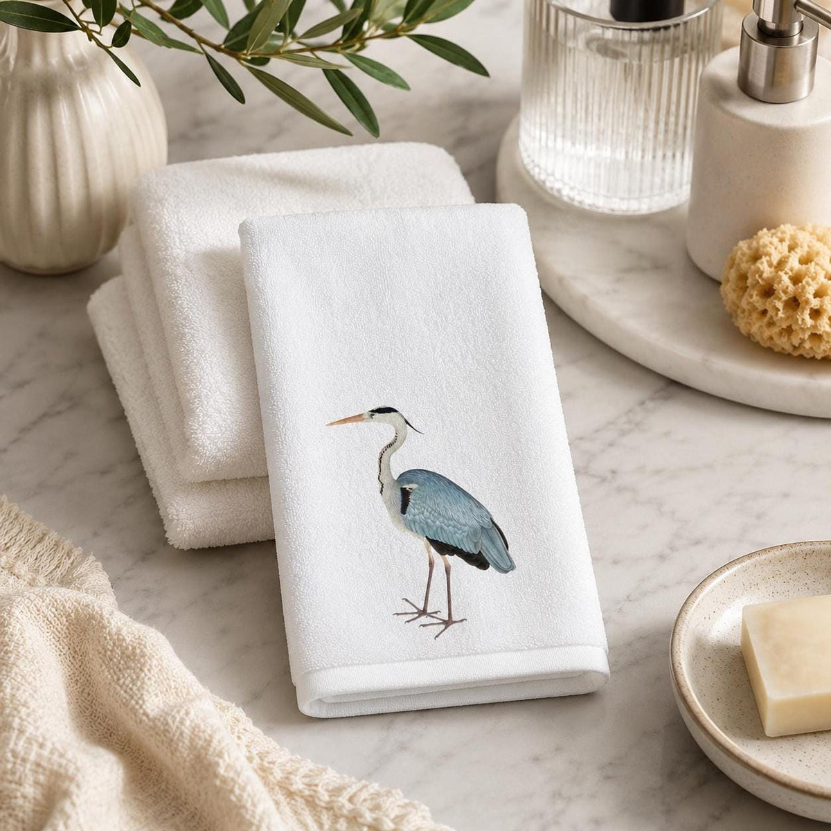 Fingertip Towel, White Blue Heron Print, 11 x 18 Inch Cotton Terrycloth Back