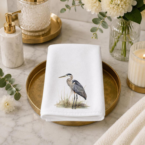 Bird Bath Decor, White Heron Fingertip Towel with Cotton Terrycloth Back