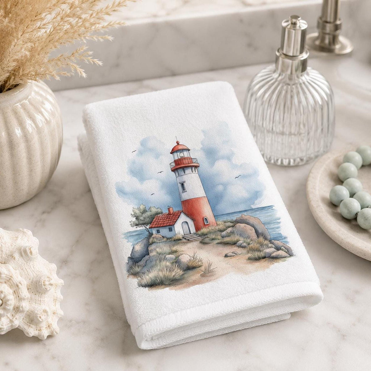 Fingertip Towel, Lighthouse Print, 11 x 18 Inch Cotton Terry Back