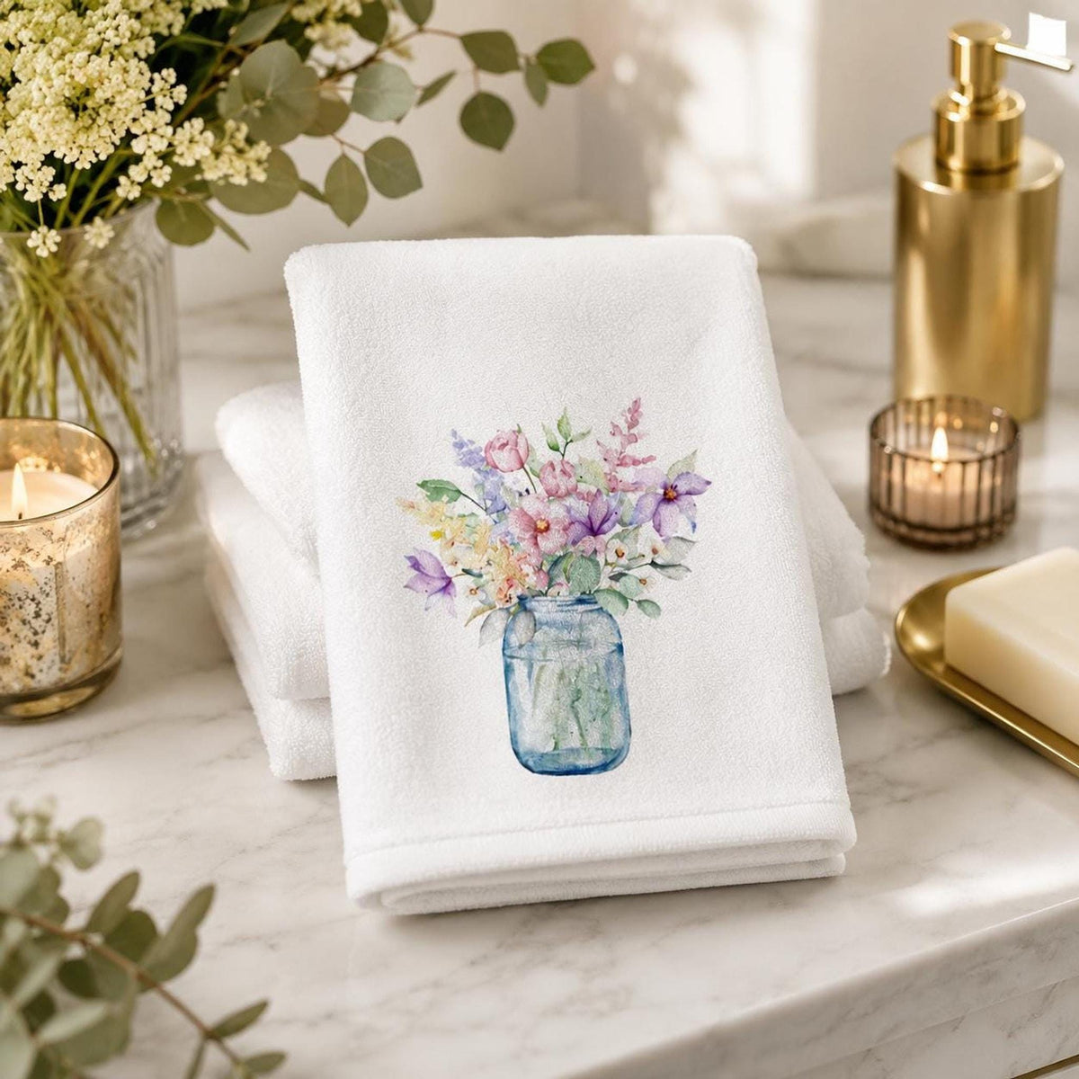 Wildflower Towel, Floral Fingertip with Mason Jar Design