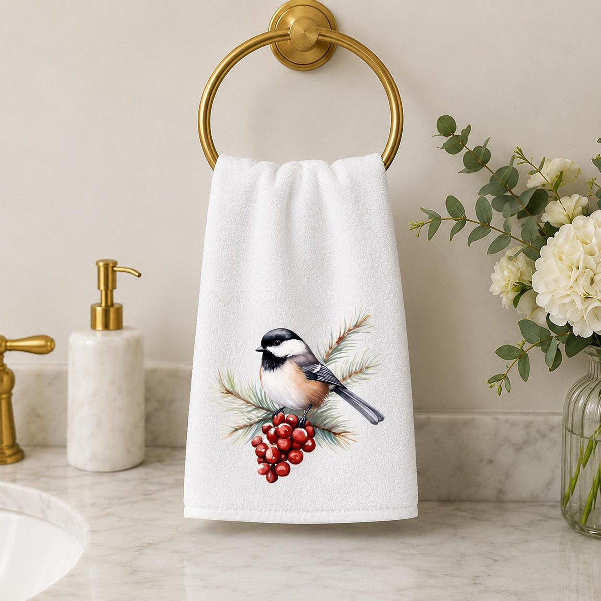 Chickadee Towel, White Sheared Polyester With Cotton Terrycloth Guest Bath Decor