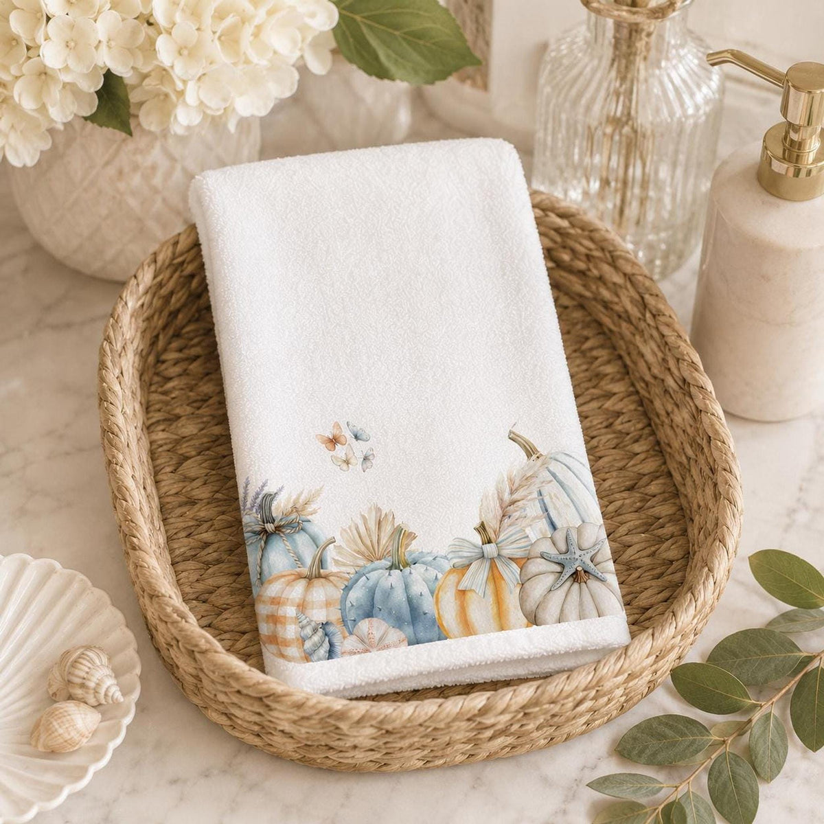 Fingertip Towel, 11 x 18 Inch Coastal Fall Decor with Blue Pumpkins