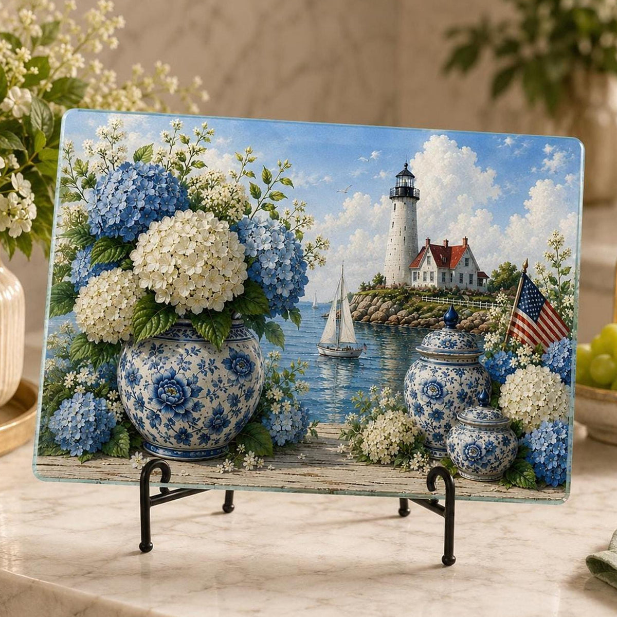 Glass Cutting Board with Blue Hydrangea Design, Coastal Lighthouse Charcuterie