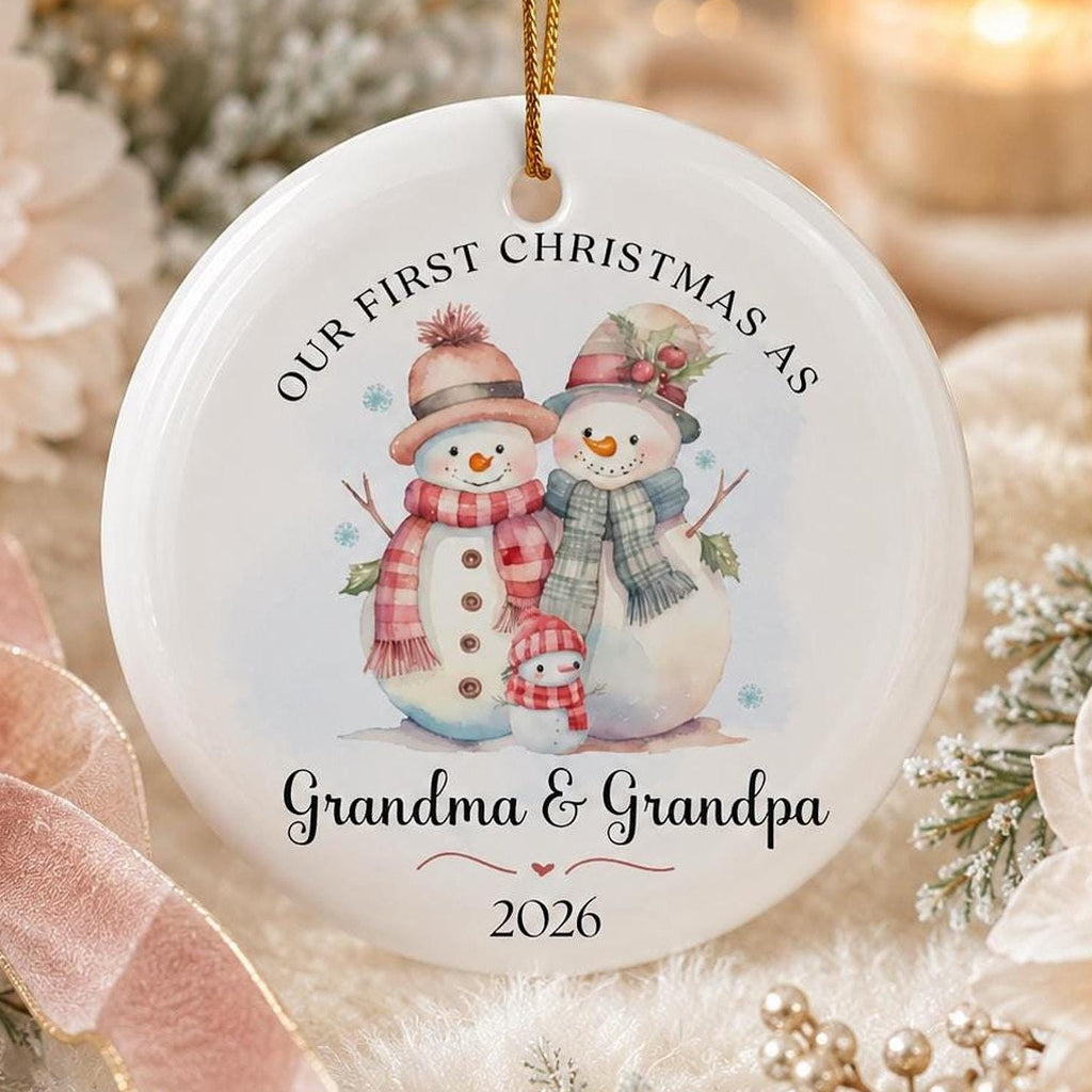 Grandma Ornament, Ceramic Snowman Keepsake for Our First Christmas with Personalized Back