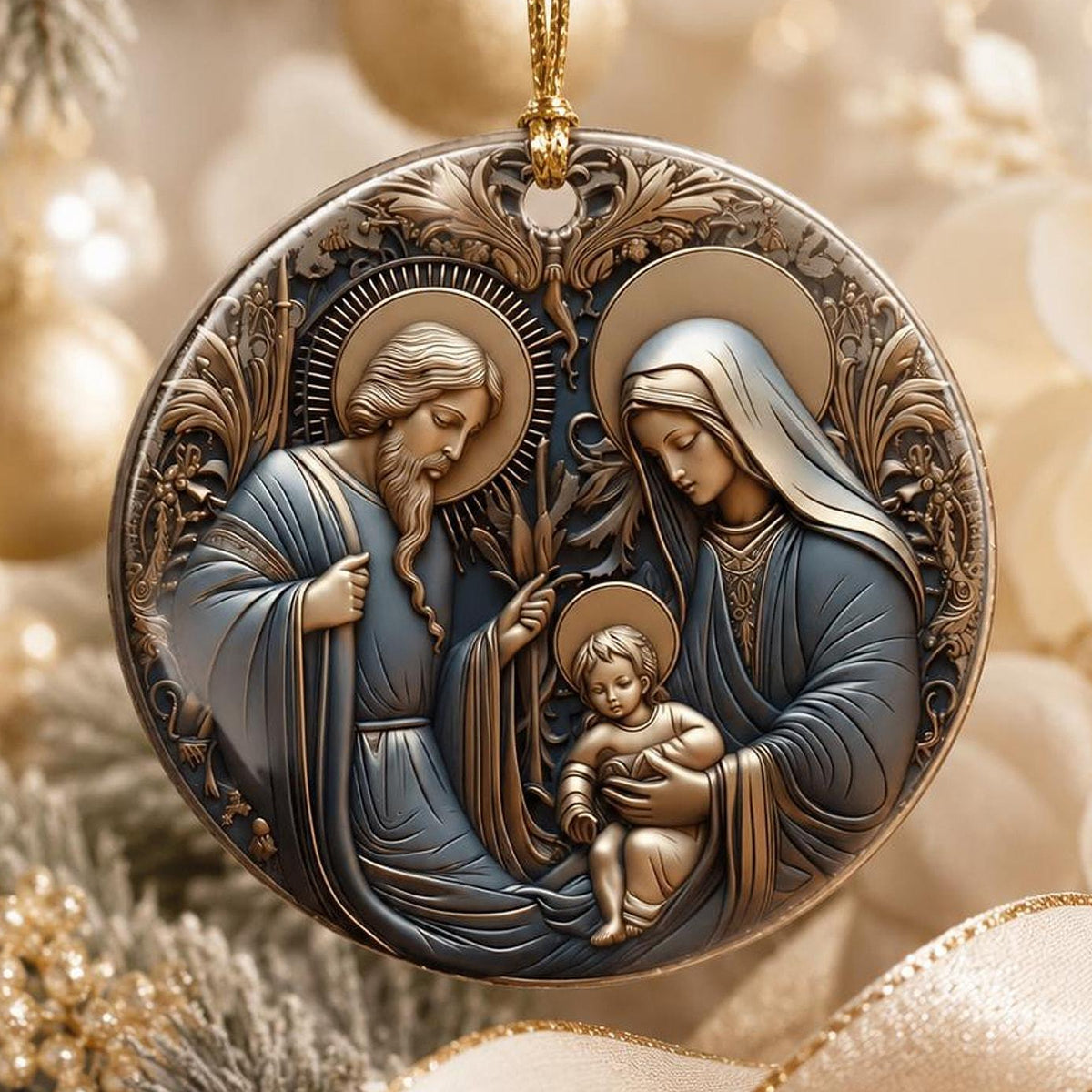 Ceramic Ornament, Holy Family Nativity Keepsake with Personalized Back