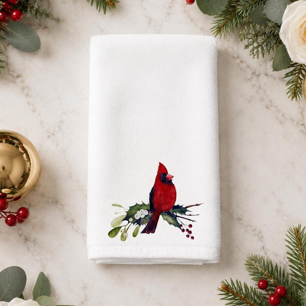 Cardinal Hand Towel, Sheared Polyester Front, Christmas Powder Room Decor