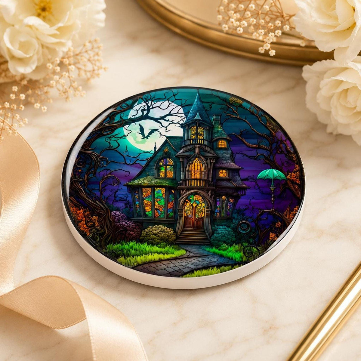 Halloween Coaster, Ceramic Haunted House Drink Mat With Glossy or Matte Finish