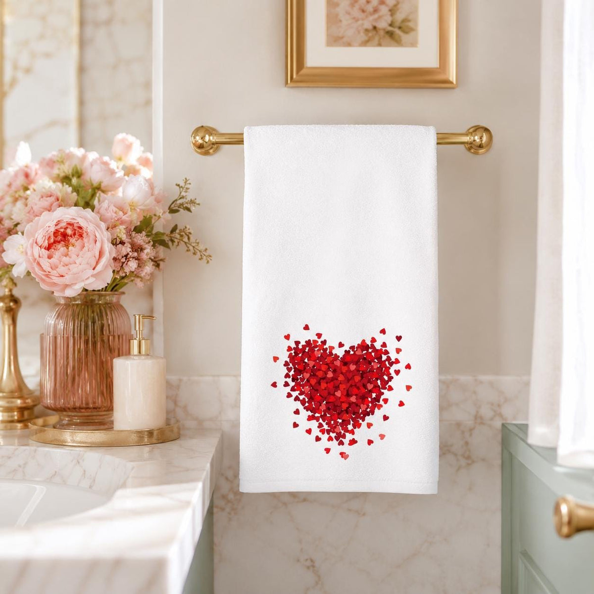 Red Heart Hand Towel, Valentine Bathroom Decor, White Romantic Accent
