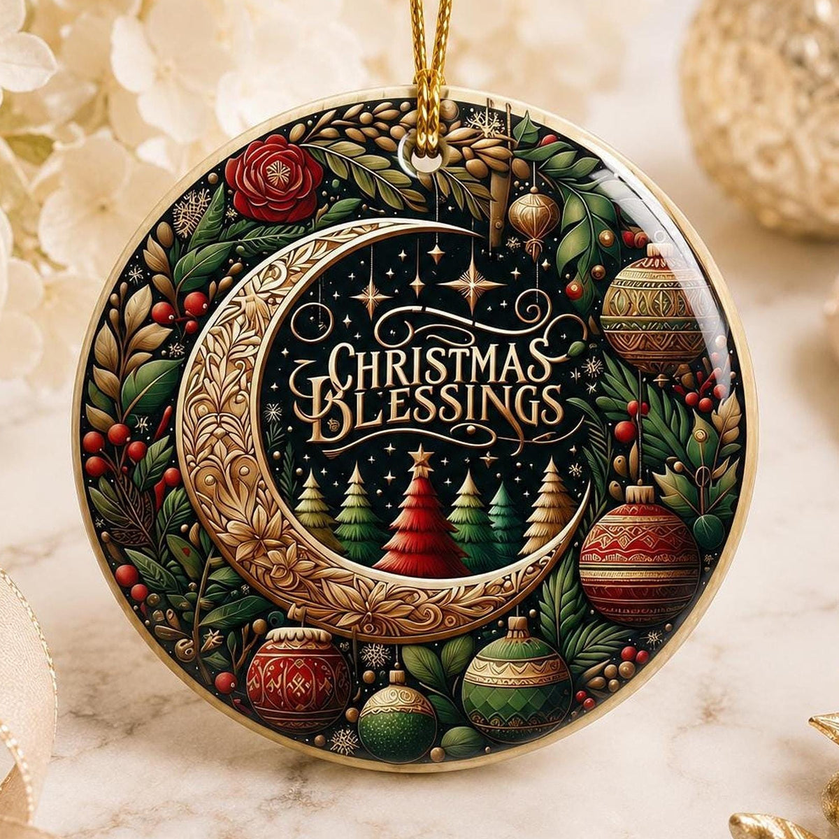 Ceramic Ornament, 3-Inch Round Christmas Blessings Moon Design Keepsake
