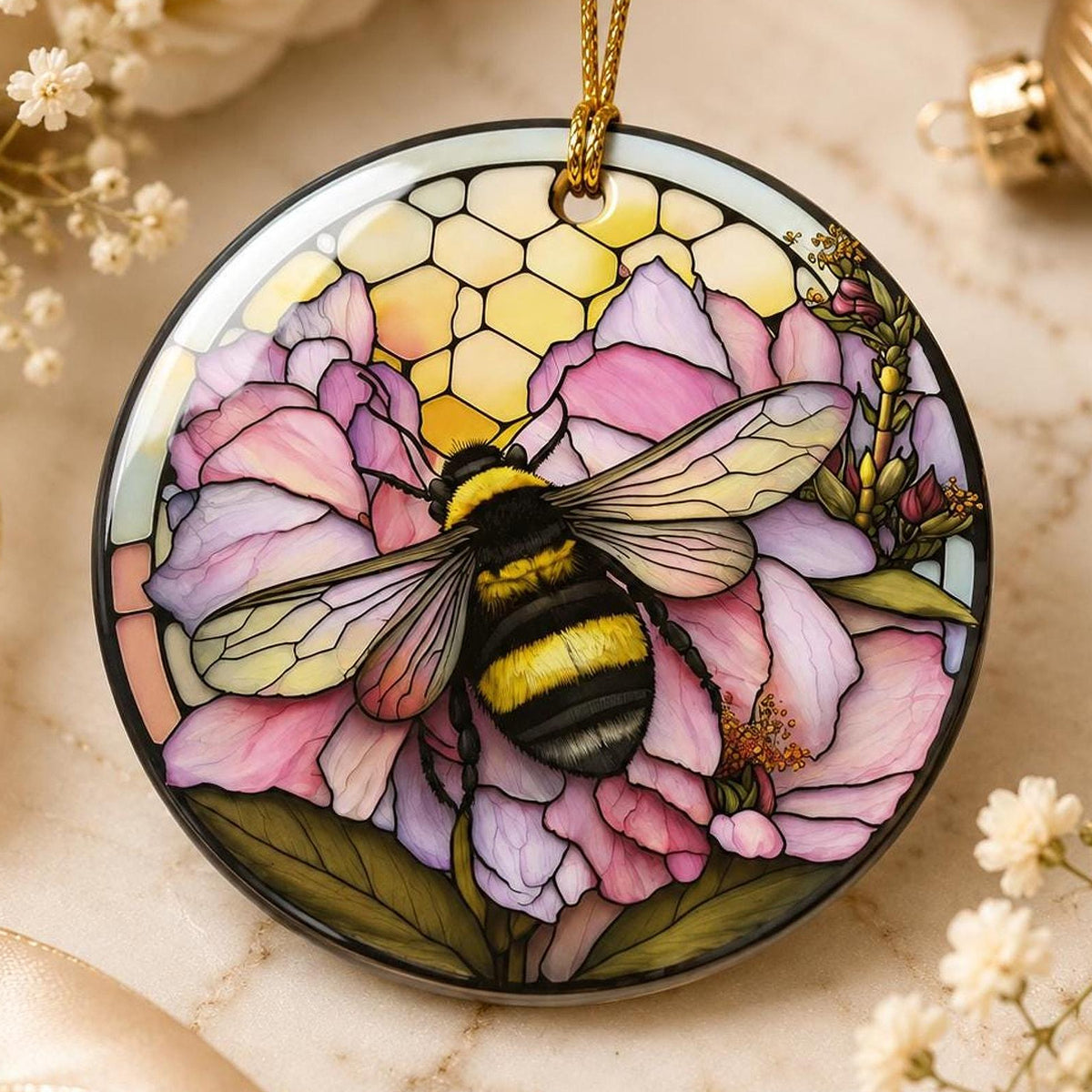 Bee Ornament, 3-Inch Round Ceramic Floral Keepsake with Leaded-Glass Look