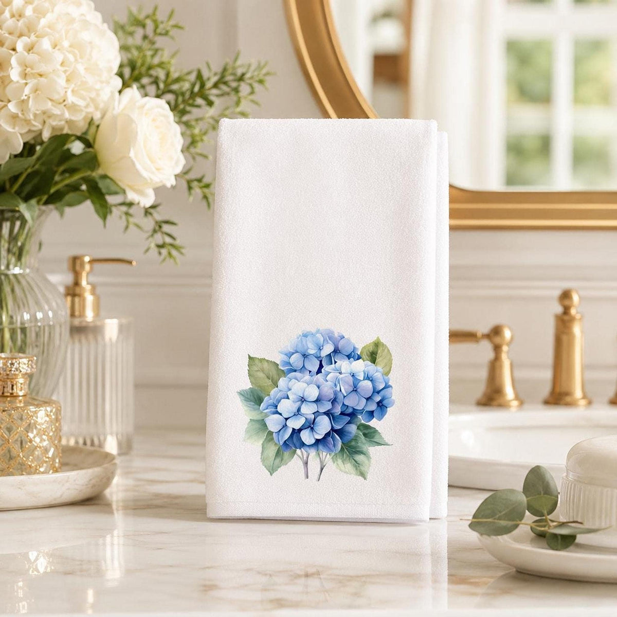 Hydrangea Gift Blue Hand Towel, Printed Floral Design, Cotton Terry Back