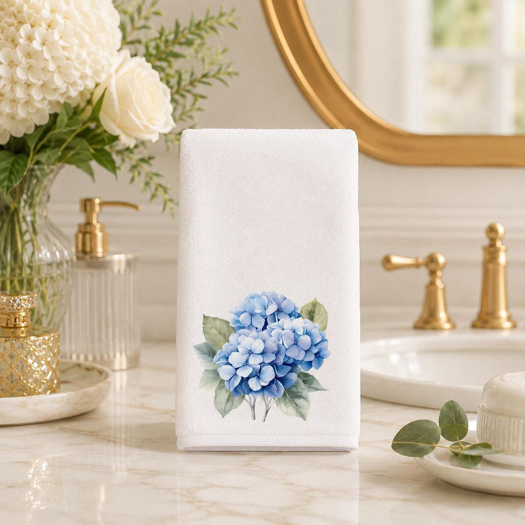 Hydrangea Gift Blue Hand Towel, Printed Floral Design, Cotton Terry Back
