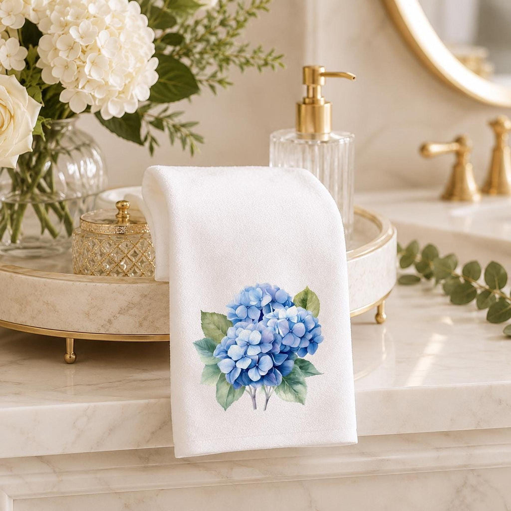 Hydrangea Gift Blue Hand Towel, Printed Floral Design, Cotton Terry Back