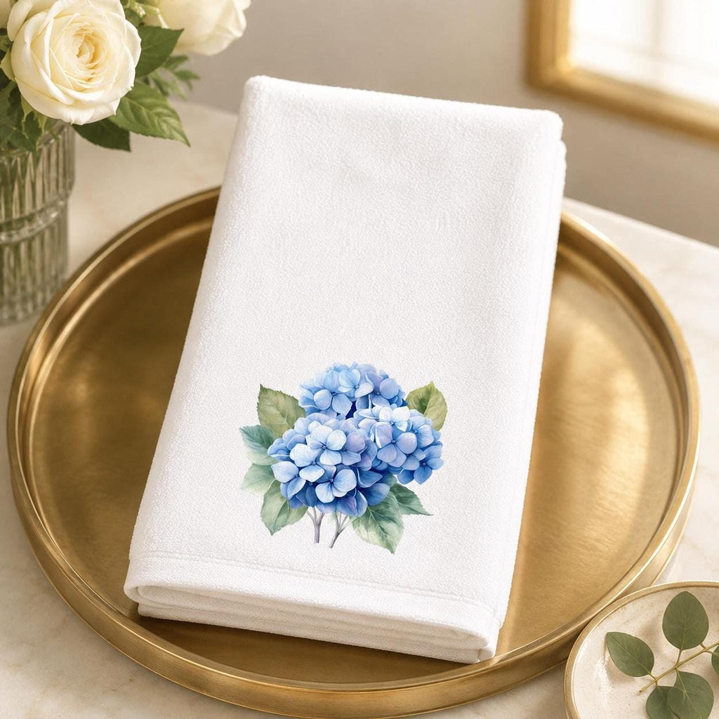 Hydrangea Gift Blue Hand Towel, Printed Floral Design, Cotton Terry Back