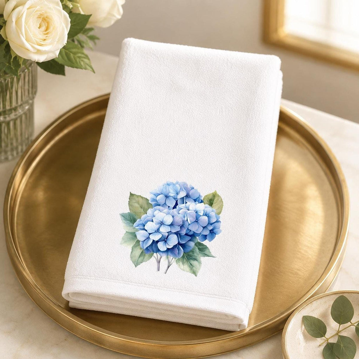 Hydrangea Gift Blue Hand Towel, Printed Floral Design, Cotton Terry Back