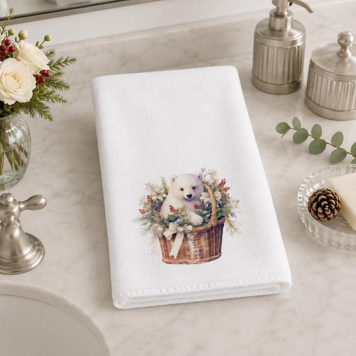 Powder Room Decor, Christmas Hand Towel with Winter Bear, 15 x 25 Inch