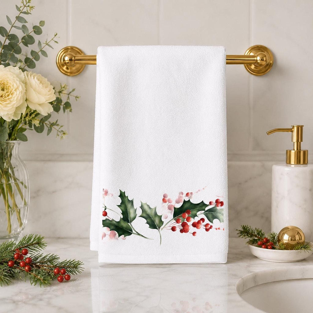 Holly Berry Hand Towel, Christmas Bathroom Decor, Winter Botanical Accent
