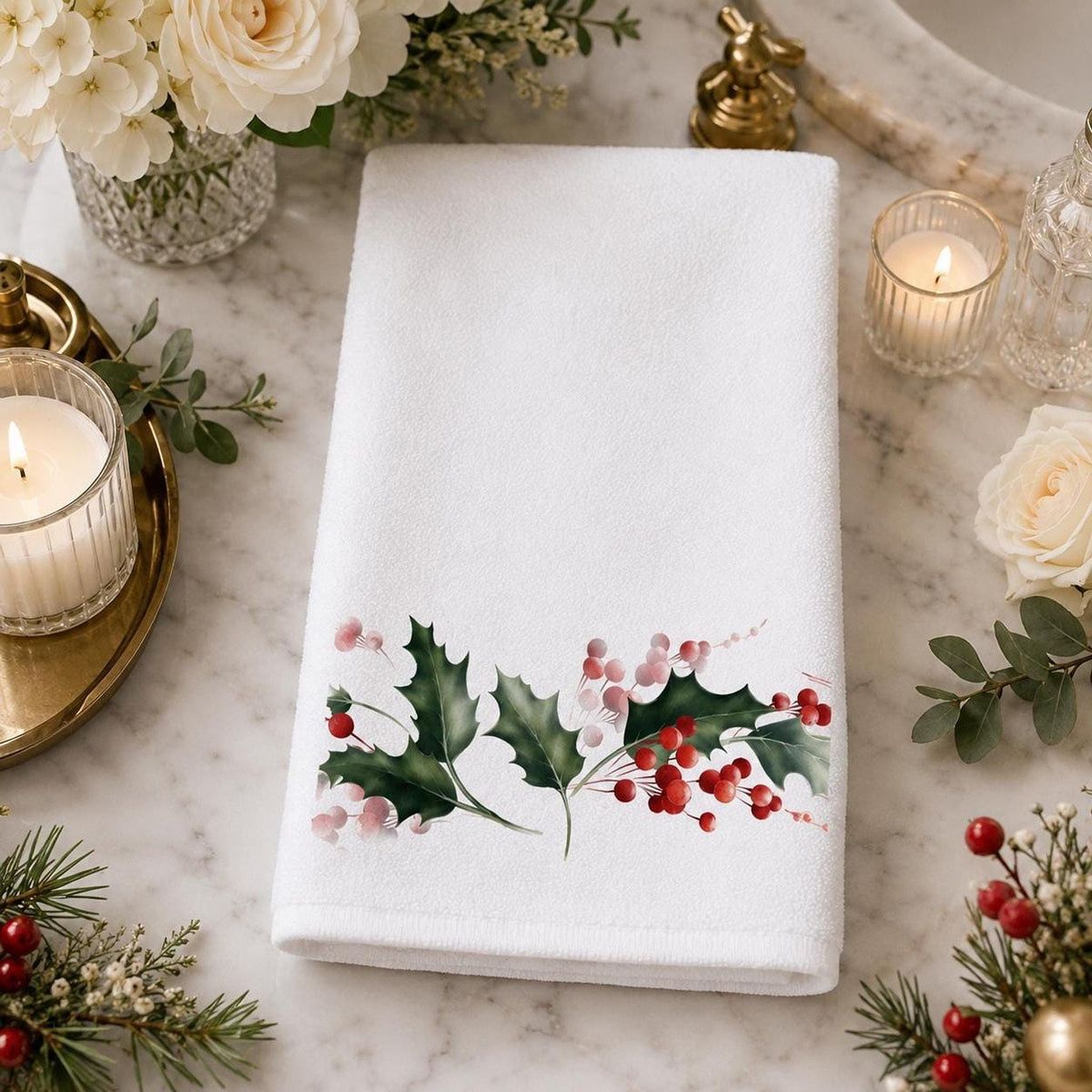 Holly Berry Hand Towel, Christmas Bathroom Decor, Winter Botanical Accent