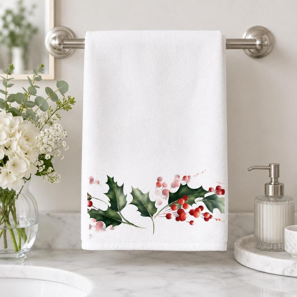 Holly Berry Hand Towel, Christmas Bathroom Decor, Winter Botanical Accent