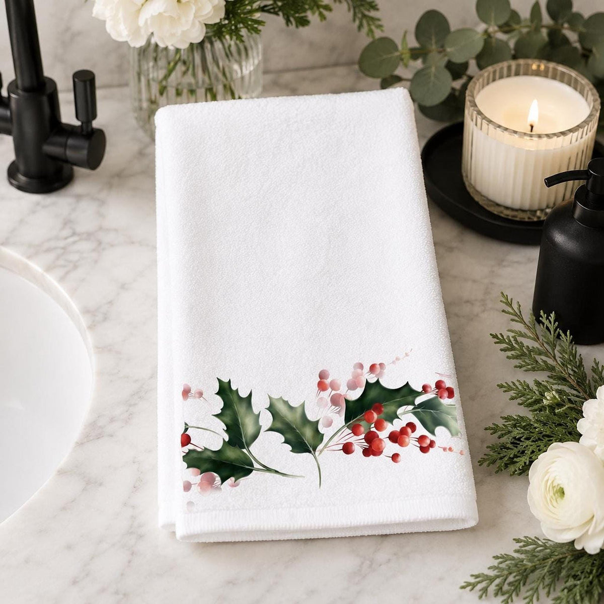 Holly Berry Hand Towel, Christmas Bathroom Decor, Winter Botanical Accent