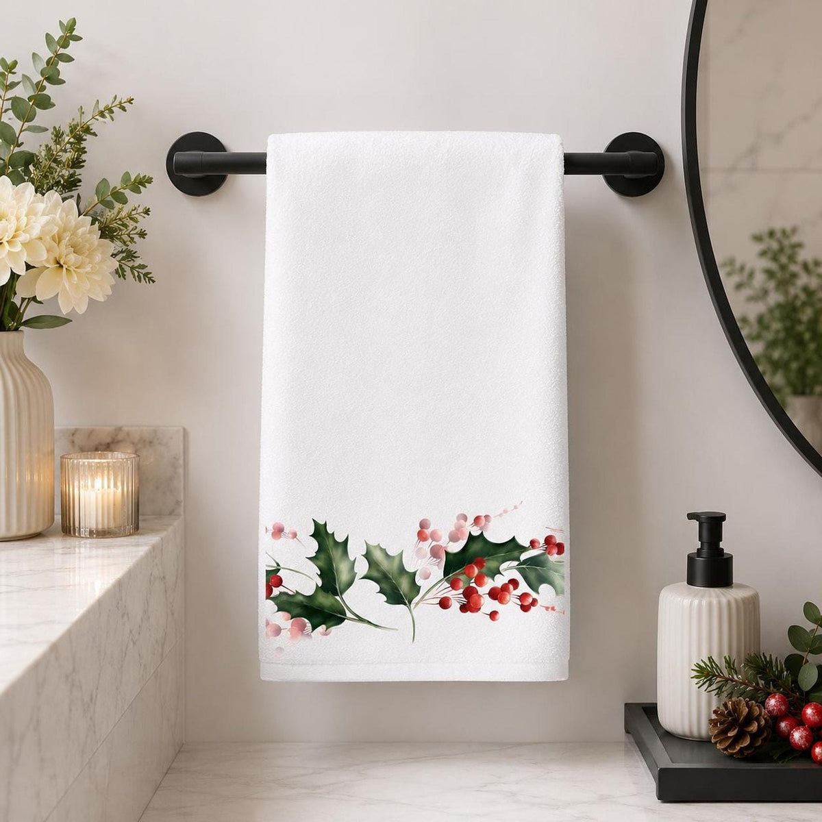 Holly Berry Hand Towel, Christmas Bathroom Decor, Winter Botanical Accent