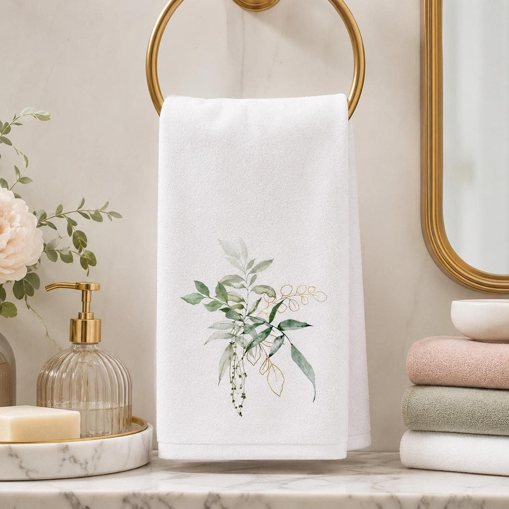 Botanical Towel, White Cotton Terrycloth with Eucalyptus Greenery and Gold Accents