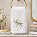 Botanical Towel, White Cotton Terrycloth with Eucalyptus Greenery and Gold Accents