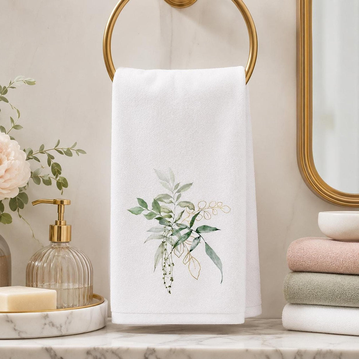 Botanical Towel, White Cotton Terrycloth with Eucalyptus Greenery and Gold Accents