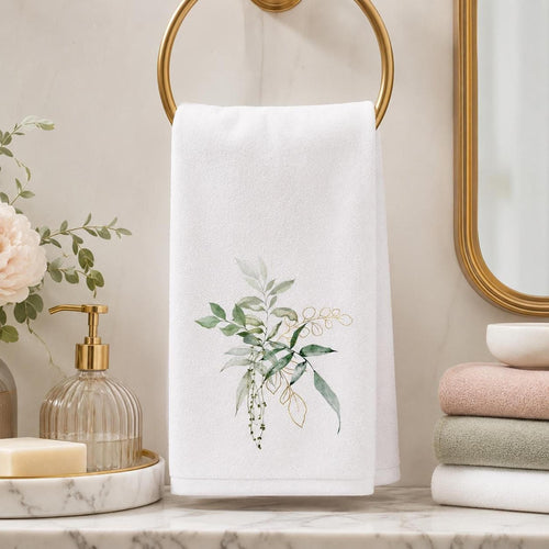 Botanical Towel, White Cotton Terrycloth with Eucalyptus Greenery and Gold Accents