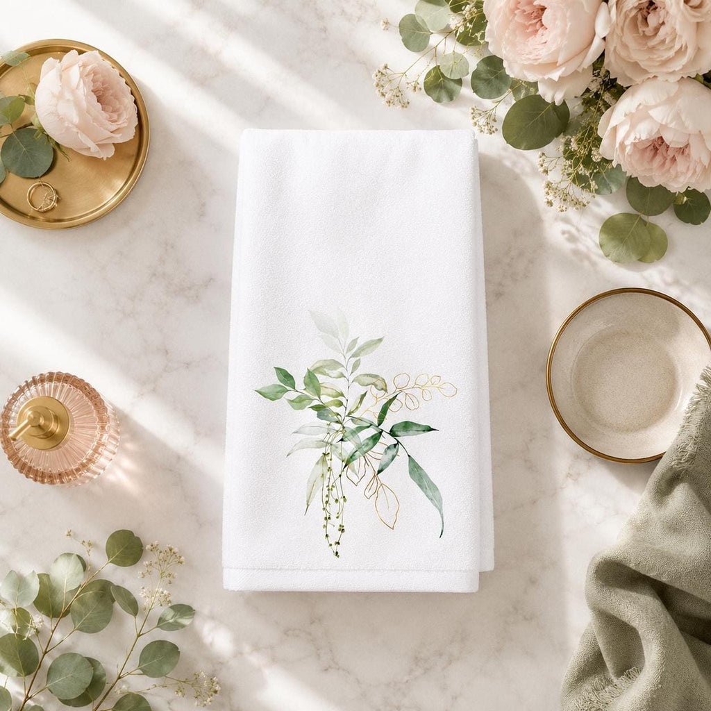 Botanical Towel, White Cotton Terrycloth with Eucalyptus Greenery and Gold Accents