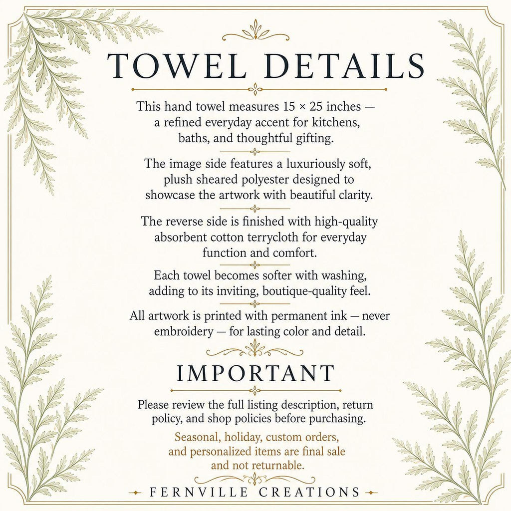 Botanical Towel, White Cotton Terrycloth with Eucalyptus Greenery and Gold Accents