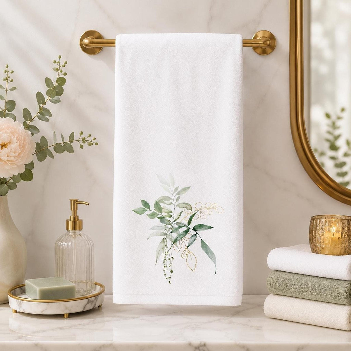 Botanical Towel, White Cotton Terrycloth with Eucalyptus Greenery and Gold Accents