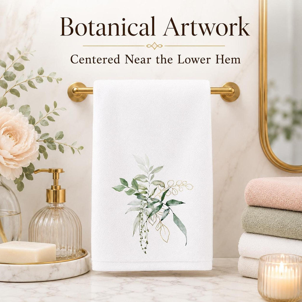 Botanical Towel, White Cotton Terrycloth with Eucalyptus Greenery and Gold Accents