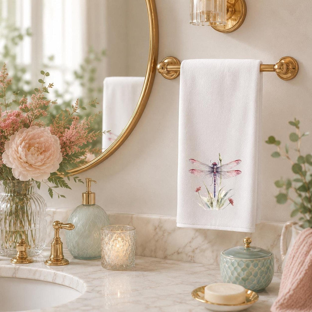 Hand Towel, Dragonfly Design, White Polyester Front, Cotton Terrycloth Back